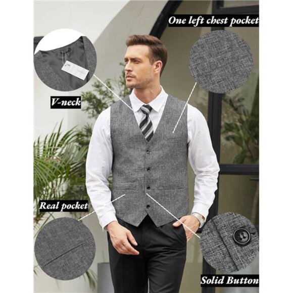 Men's Casual Business Vests Lightweight Waistcoat Slim Fit Suit Vest - Picture 5 of 6